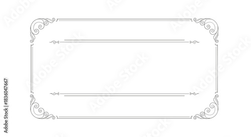 Minimalist rectangular frame with delicate swirl flourishes in the corners and simple line dividers creating an elegant and classic border.