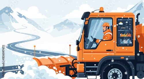Orange snowplow cleans a snow-covered road in the winter mountain landscape