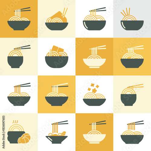 Collection of stylized illustrations of various noodle dishes in bowls