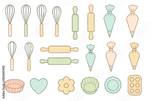 Baking tools and utensils arranged neatly in pastel colors for cake and pastry decoration preparations