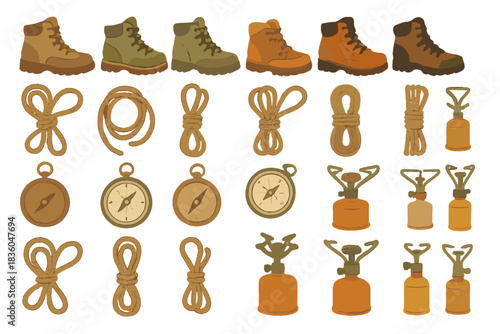 Collection of camping gear essentials including boots, ropes, and compasses for outdoor adventures and hikes