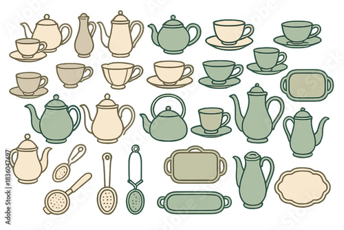 Collection of various teapots, cups, and serving dishes in soft colors on a white background showcasing different designs and shapes