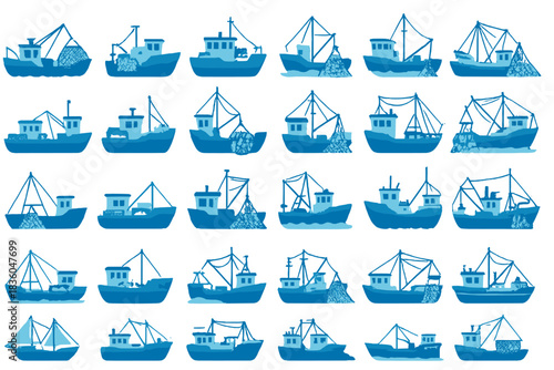Variety of fishing boats in blue tones displayed in a creative arrangement for artistic representation