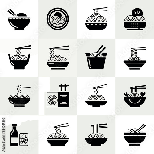 Collection of asian noodle soup bowl icons in black and white silhouette style