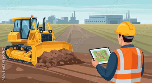 Construction engineer overseeing earthmoving operations with heavy machinery