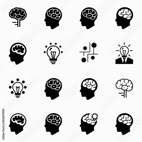 Collection of brain and idea icons representing thought and innovation