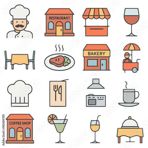 Restaurant Icon Set: A vibrant collection of restaurant-related icons. Showcasing an array of culinary and dining-themed symbols. 