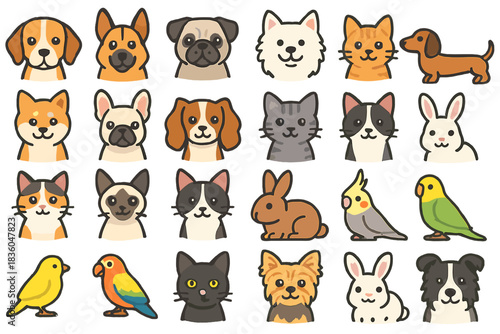 Various cartoon dog and cat faces celebrating the joy of pets in a colorful arrangement at an illustrated pet-themed event