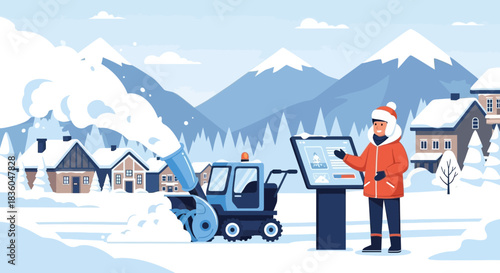 Winter automated snow removal system with operator in a snowy mountain village