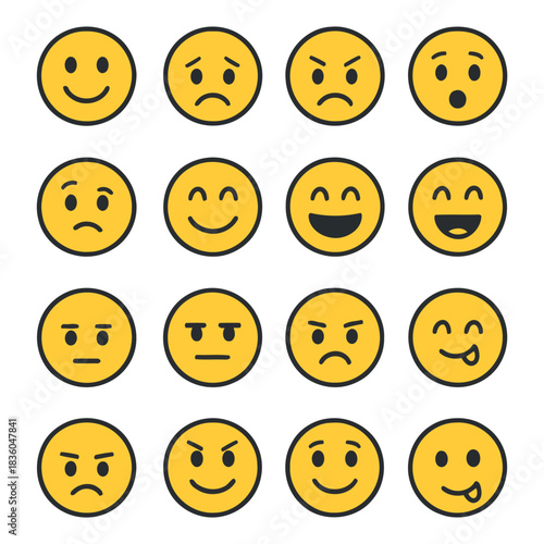 Emoji Expressions Array: An assortment of emoji icons express a spectrum of human emotions, ranging from joy to frustration, perfect for adding a touch of digital flair to your project.