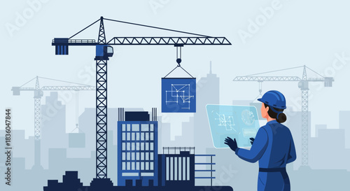 Construction engineer using augmented reality at a building site with cranes