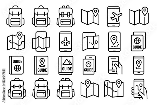 Travel essentials featuring backpacks, maps, guides, and travel apps in a simple line art style