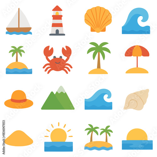 Coastal Serenity: A delightful array of beach icons, capturing the essence of a serene seaside experience. Featuring a lighthouse, seashell, crab, sailboat, wave, and more. 