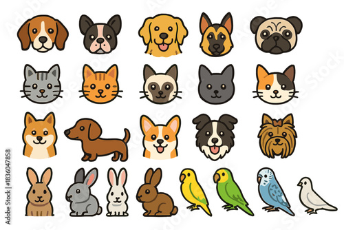 Colorful collection of cute animal faces featuring dogs, cats, bunnies, and birds in a playful arrangement