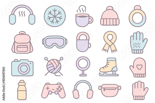 Winter-themed icons featuring cozy accessories, leisure activities, and seasonal items in pastel colors