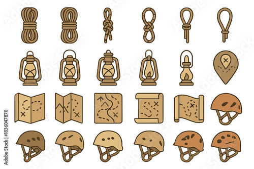 Collection of hiking and camping gear illustrations with ropes, lanterns, maps, and helmets
