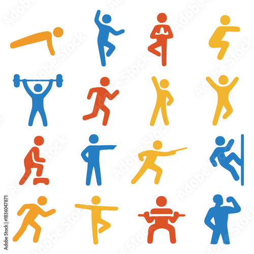 Energetic Poses: Colorful icons representing various fitness exercises, promoting a healthy and active lifestyle.