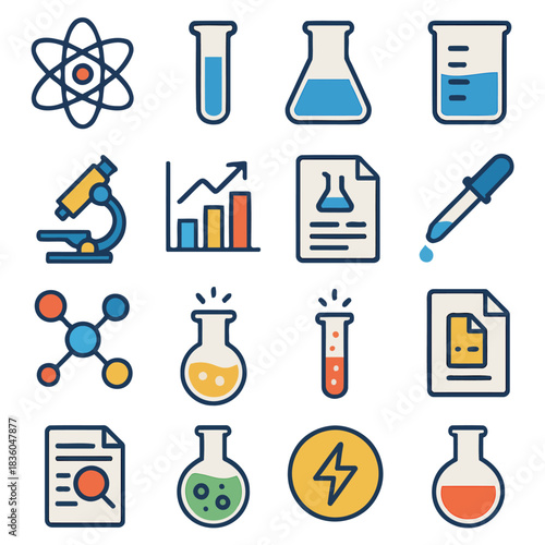 Icons of Scientific Innovation: A collection of meticulously designed icons representing core elements of scientific research, from atomic structure and beakers to microscopes and analysis charts.