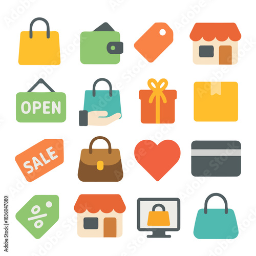 Shopping Icon Set: A vibrant and diverse set of shopping icons, illustrating essential elements of retail and commerce, symbolizing buying, selling and the joy of shopping.