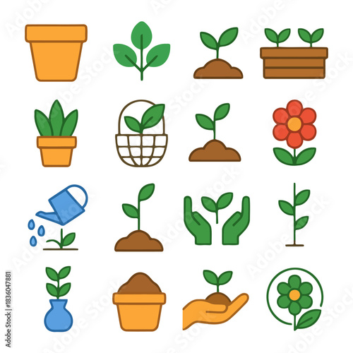 Growth and Nurture: A vibrant collection of icons showcases diverse stages of plant growth, from tiny seedlings to blooming flowers, all symbolizing the nurturing process