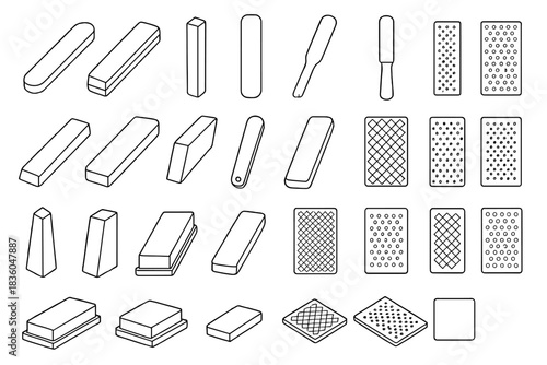 Different shapes and types of erasers displayed on a white background for art and crafting purposes