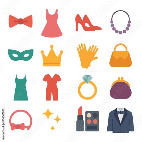 Fashion Icons: A collection of stylish fashion items and accessories are elegantly arranged, showcasing the allure of elegance and design. Featuring bow, dress, shoes, necklace, mask, crown, gloves.
