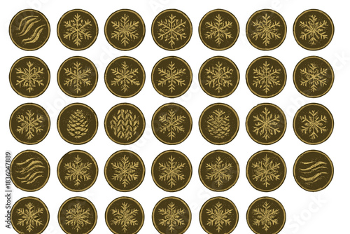 Collection of decorative round patches displaying various winter-themed designs on a white background
