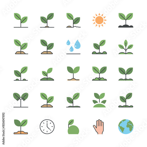Collection of plant growth icons with sun water drops clock and earth
