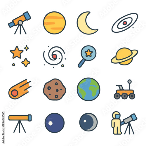 Celestial Explorations: An array of vibrant icons, depicting the wonders of space - planets, galaxies, and celestial bodies. These are perfect illustration for astronomy concepts