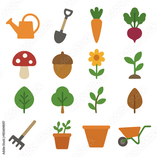 Garden Icons Collection: A vibrant collection of garden-themed icons, representing the beauty and tools of gardening, perfect for design assets.