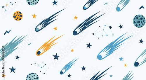 A fun and seamless cosmic pattern with colorful comets stars constellations and planets for a space-themed kids background.