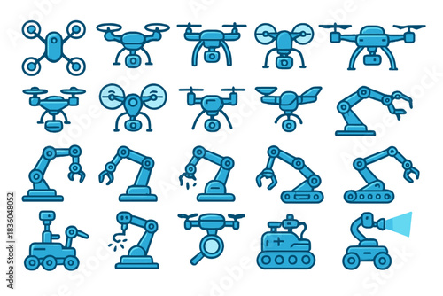 Various blue robotic devices and drones designed for different activities and tasks in modern technology