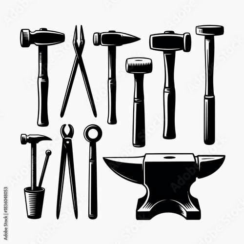 Vintage blacksmith tools and anvil collection illustration