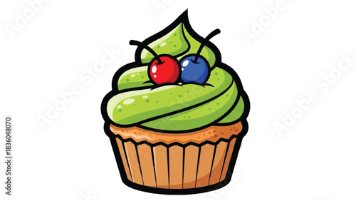 Delicious Cupcake with Green Frosting and Cherry Toppings Illustration.