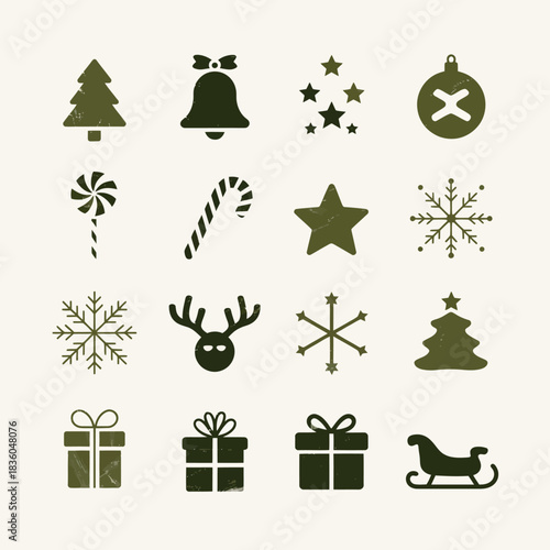 Collection of christmas icons and symbols in olive green
