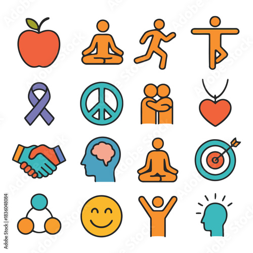 Health and Well-being Icons: A set of colorful icons representing various aspects of well-being, including health, mental peace, and connection, promoting a holistic approach to life.