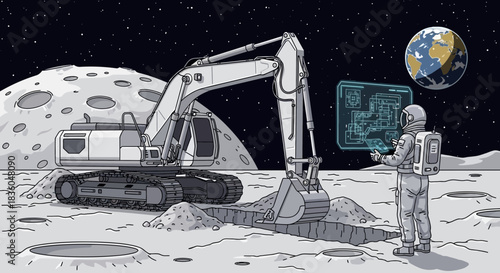 Lunar Excavation Project: Astronaut Operating Heavy Machinery on the Moon Surface