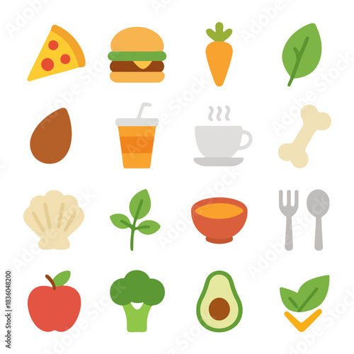 A Culinary Collection: A vibrant assortment of individual food items, including a slice of pizza, a juicy burger, a fresh carrot, and a delicate green leaf. A visual feast for every taste.