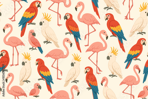 Colorful tropical birds in a vivid pattern showcasing various species and vibrant hues