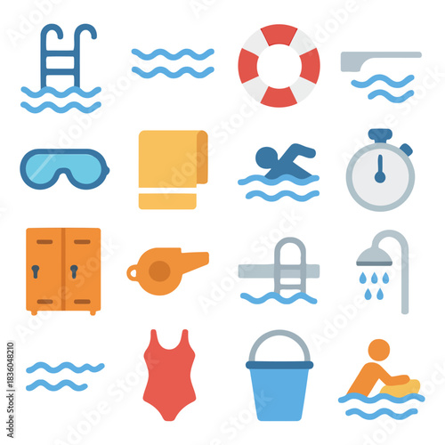 Swimming Icon Array: A vibrant and colorful array of swimming-related icons, symbolizing the joys of aquatic activities and the necessary equipment for a safe and enjoyable experience.