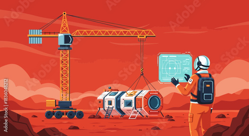 Construction of a Martian Habitat: An Astronaut Overseeing Base Installation