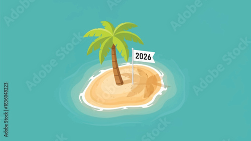 Isolated tropical island with palm tree marks the goal year 2026 destination for future plans
