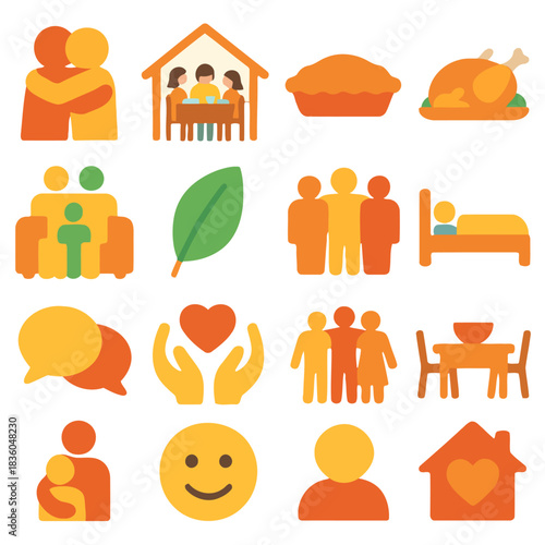 Family and Home Icons: A collection of simple, colorful icons representing family life, love, and the comforts of home. Featuring a loving embrace, dinner table setting, and happy expressions.