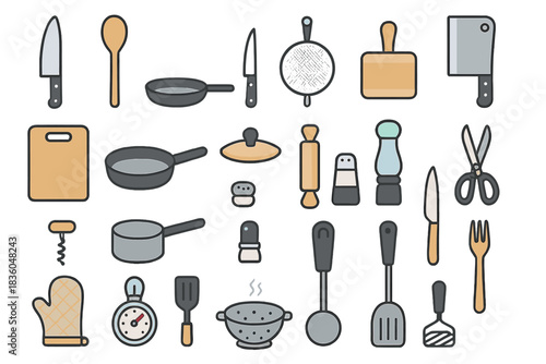 Kitchen utensils and tools organized for cooking and meal preparation in a home setting