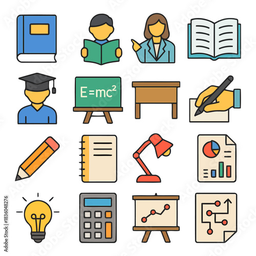 Educational Elements Icon Set: A vibrant collection of educational elements, ideal for illustrating learning, knowledge, and academic pursuits.