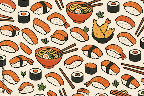 Variety of sushi and Japanese dishes arranged in a colorful pattern on a light background for culinary enthusiasts