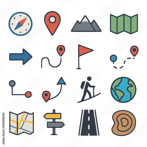 Mapping the Adventure: A vibrant collection of navigational icons, featuring a compass, map markers, a winding road, and a majestic mountain range. These symbols suggest exploration and journey 