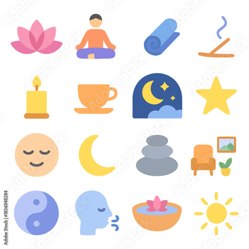 Serene Relaxation Icons: A collection of meticulously designed icons representing mindfulness, meditation, and tranquility, perfect for projects focused on well-being and inner peace.