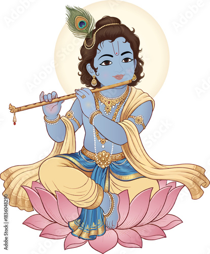 Lord Krishna Playing Flute sitting on Lotus