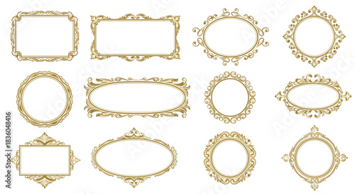 A beautiful collection of ornate golden vintage frames in various shapes for elegant and classic design presentations.